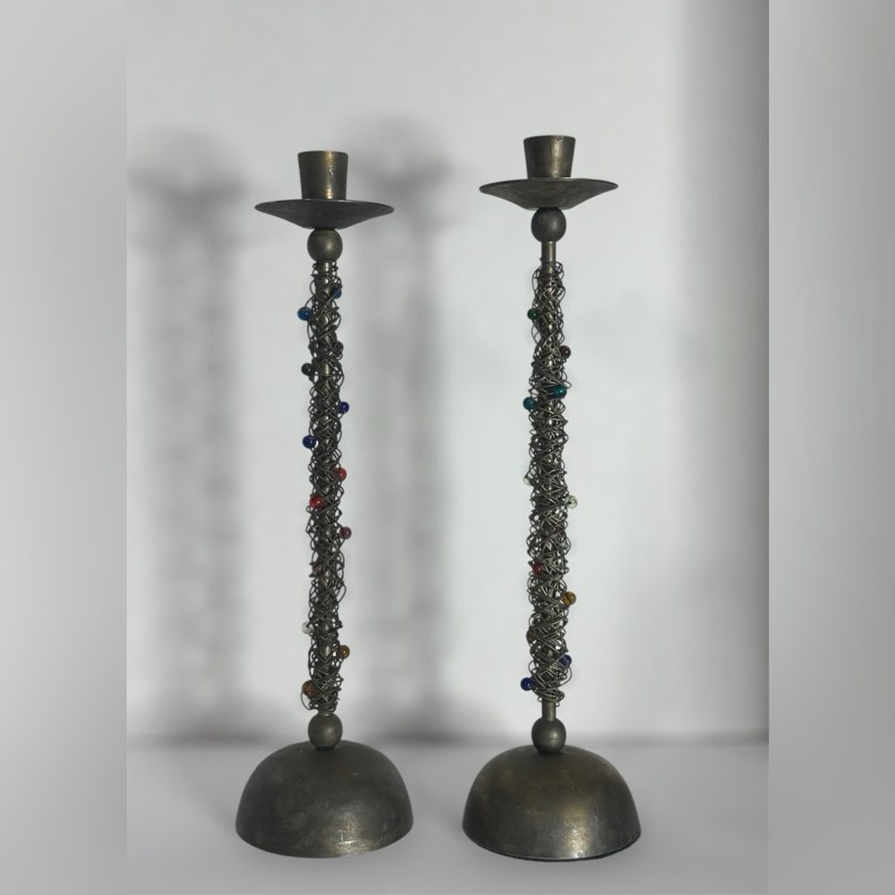 Vintage Solid Brass Beaded Wire Wrapped Candlestick Holders